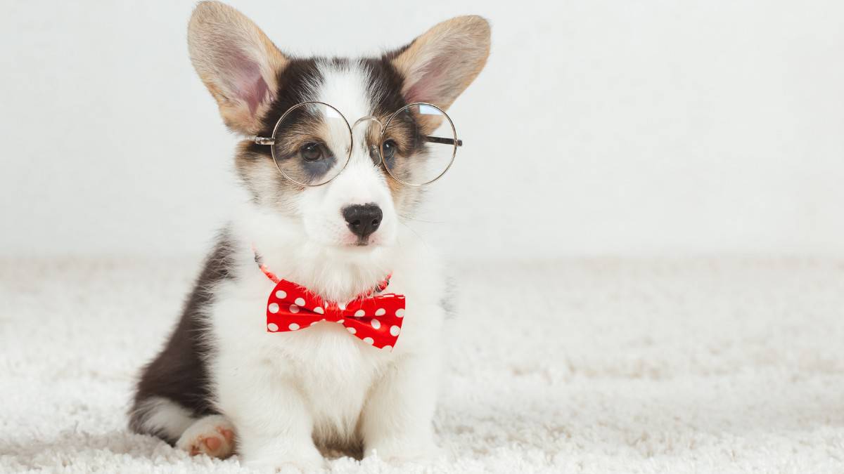 A curious Corgi puppy with big eyes and round glasses, wearing a red bow tie with white dots